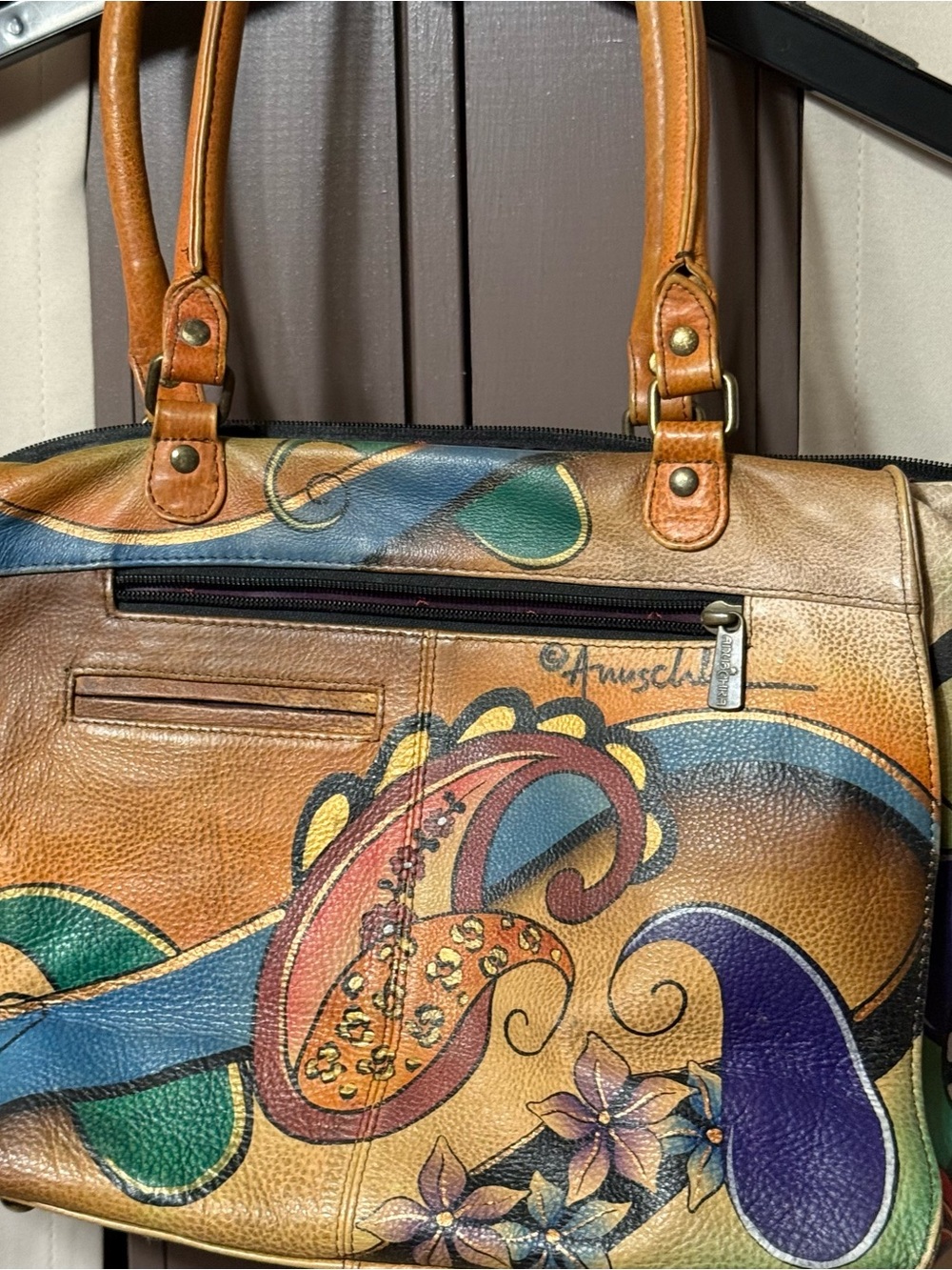 Hand-Painted Multicolor Leather Tote Bag - Floral Paisley Design - Picture 2 of 7